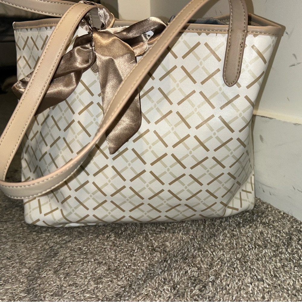 Neutral Patterned Tote Bag with Satin Bow - Picture 2 of 4